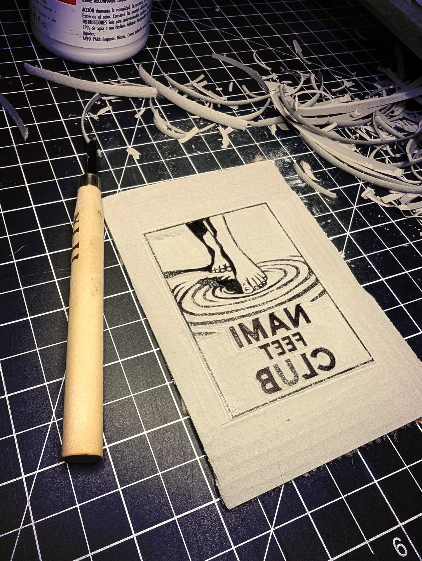 Lino cut block for the "Nami Feet Club"